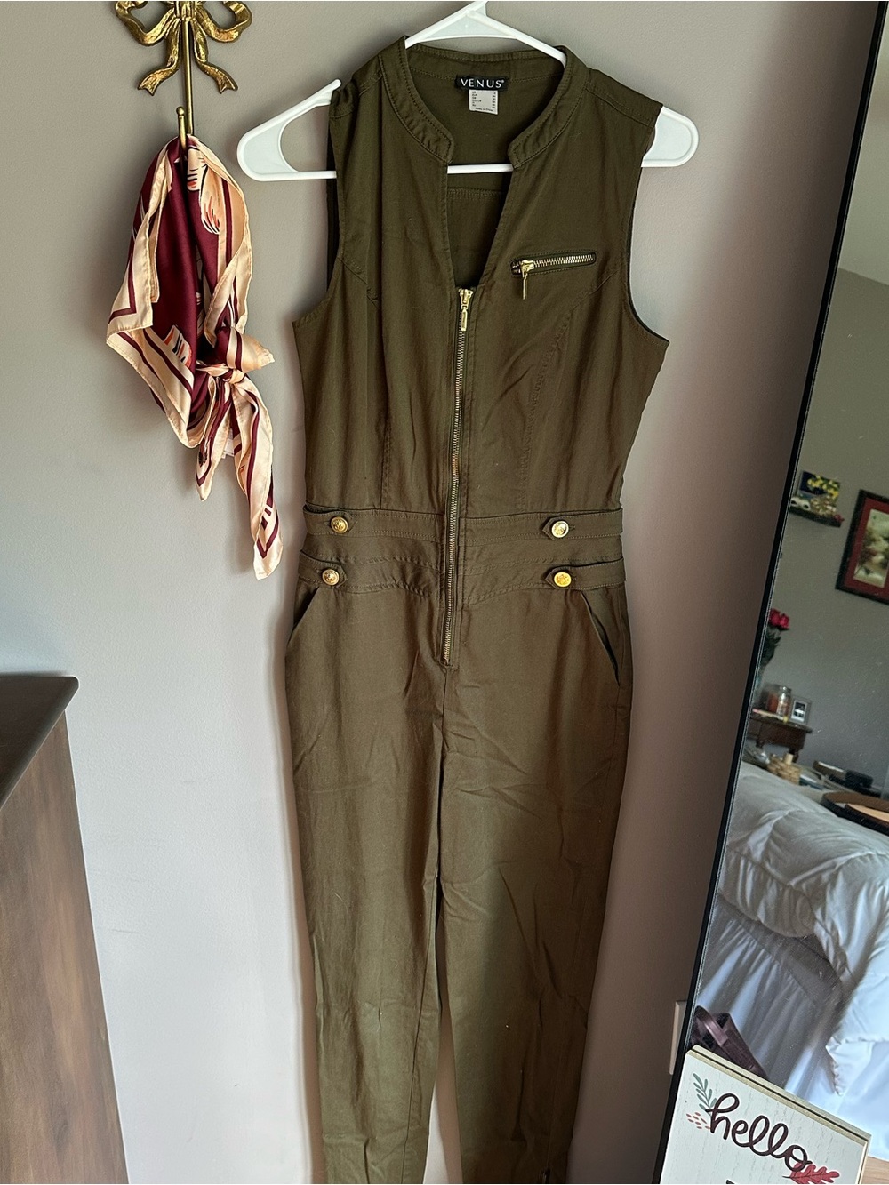 VENUS Olive Sleeveless Utility Jumpsuit with Gold Hardware